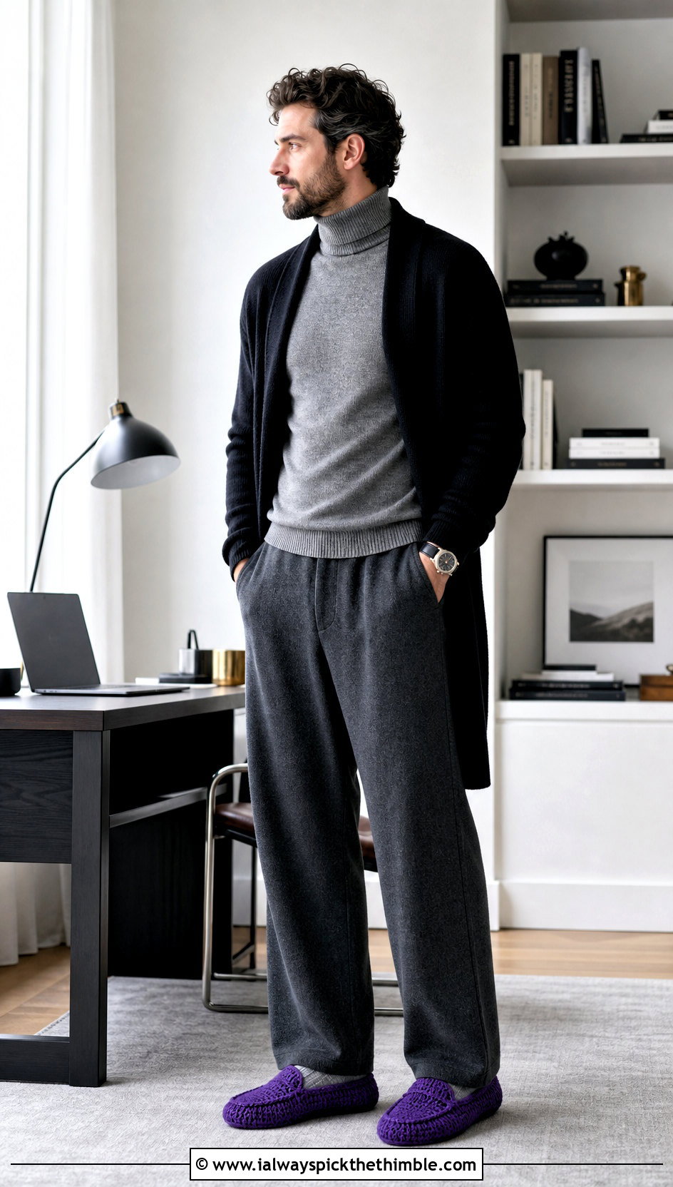 Crochet Slipper Loafers With Turtleneck And Wide Pants - 20 crochet shoes for men outfit ideas