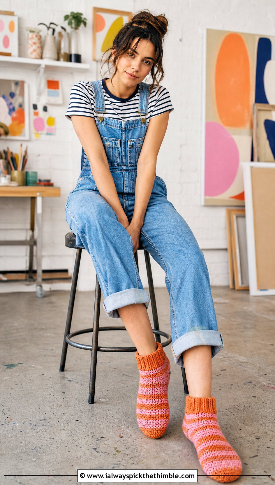 Crochet Slipper Socks With Denim Overalls - 25 crocheted slippers outfit ideas