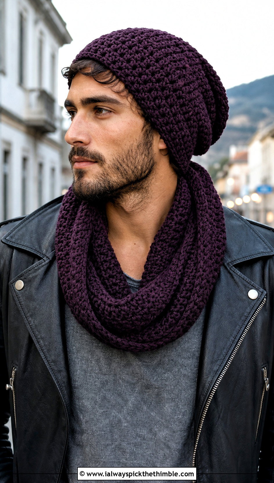 Crochet Slouch Beanie And Infinity Scarf With Leather Jacket - 20 Crochet Mens Hat And Scarf outfit ideas