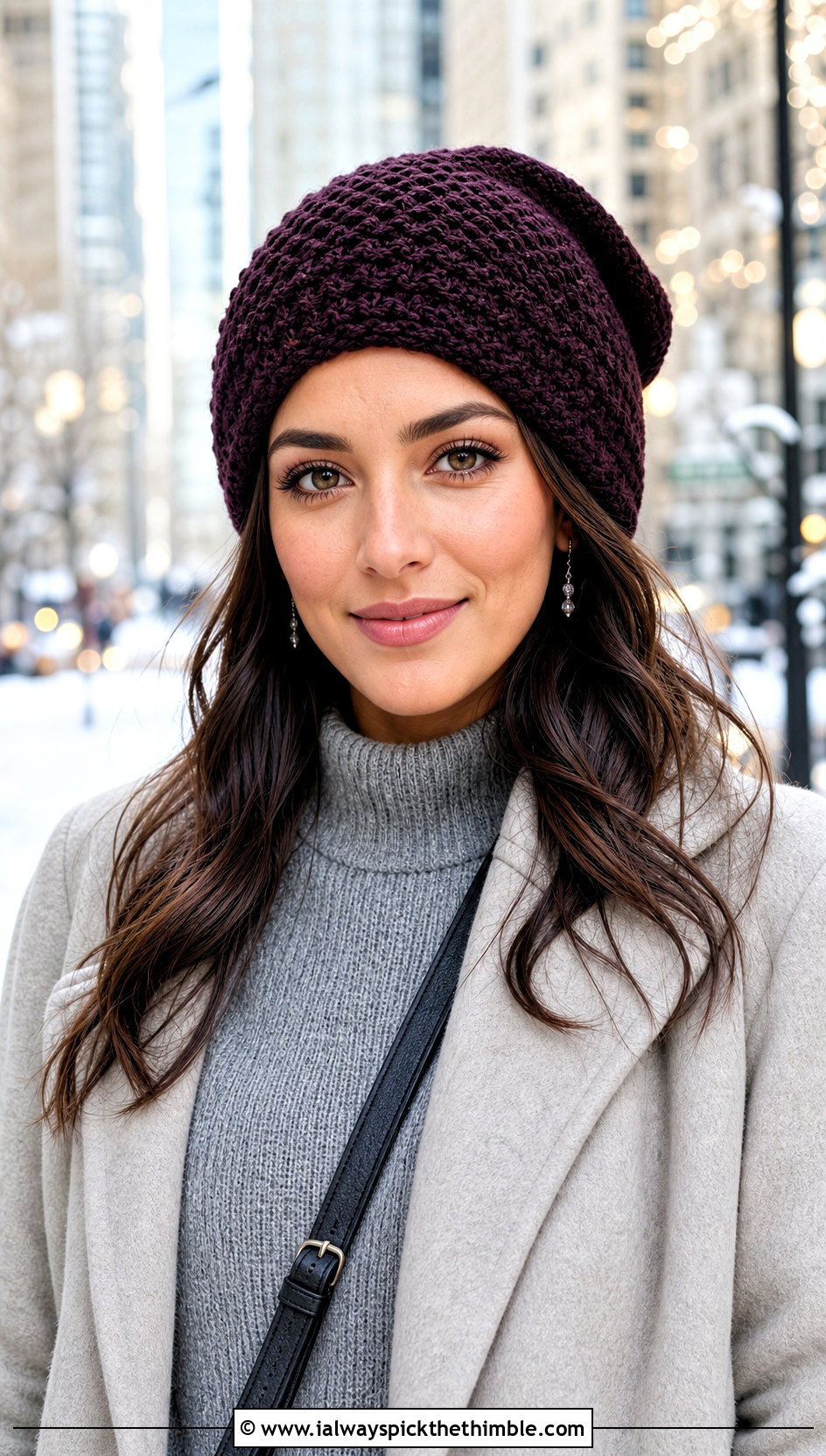 Crochet Slouch Beanie With Sweater Dress - 20 fast crochet hat outfit ideas