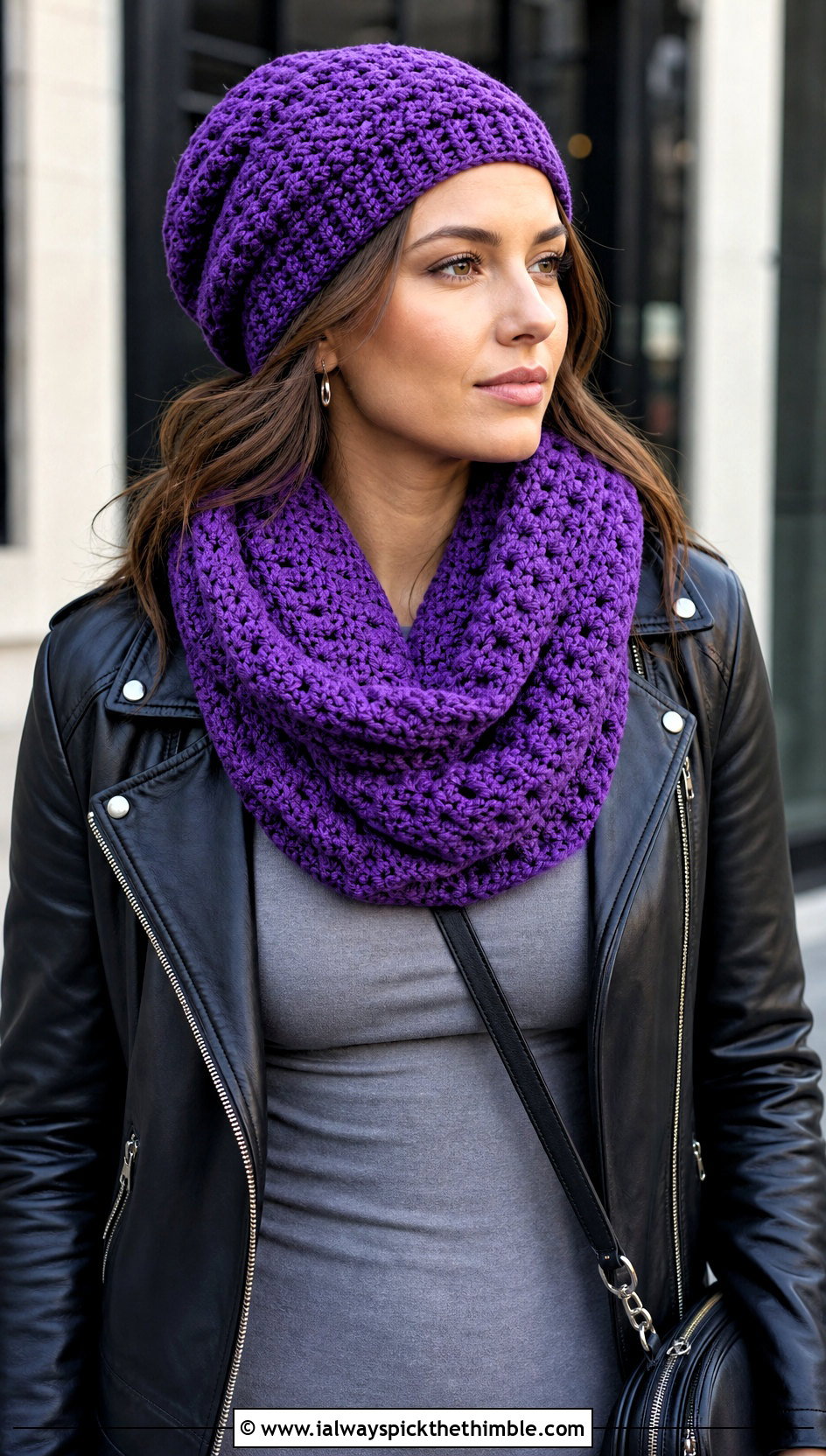 Crochet Slouch Hat And Infinity Scarf With Leather Jacket - 20 crochet hat and scarf outfit ideas