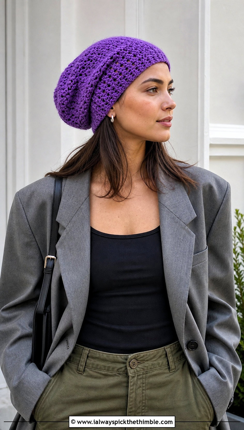 Crochet Slouchy Beanie With Blazer And Cargo Pants - 20 Cool Crochet Hat Ideas