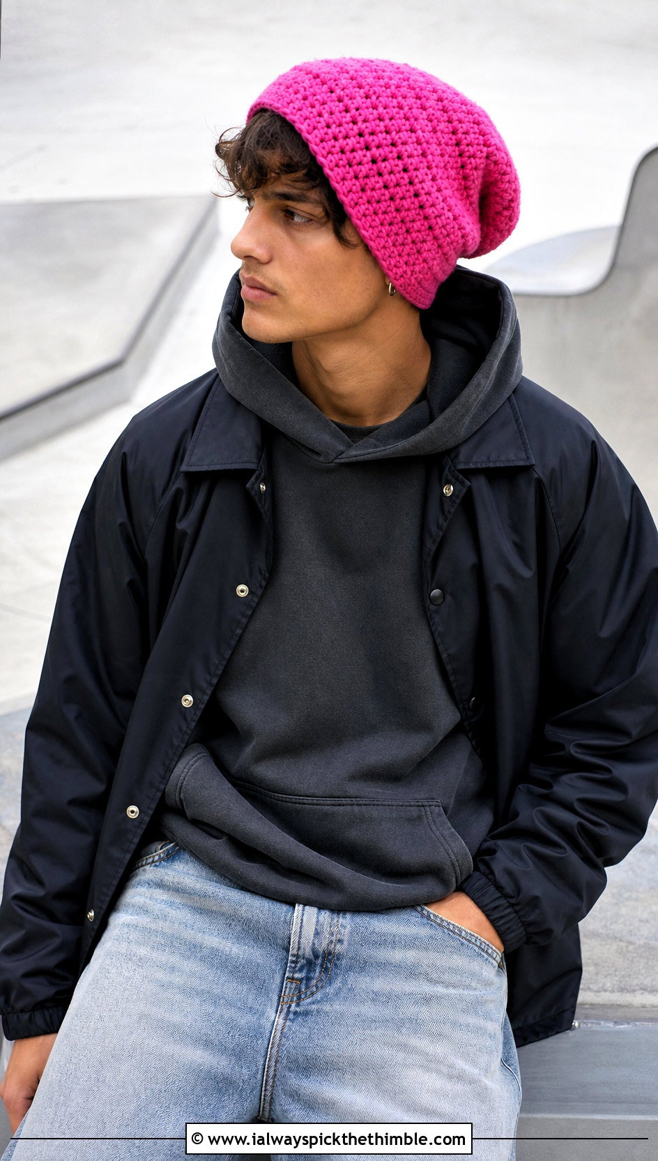 Crochet Slouchy Beanie With Hoodie And Wide Leg Jeans - 20 men's crochet hats outfit ideas