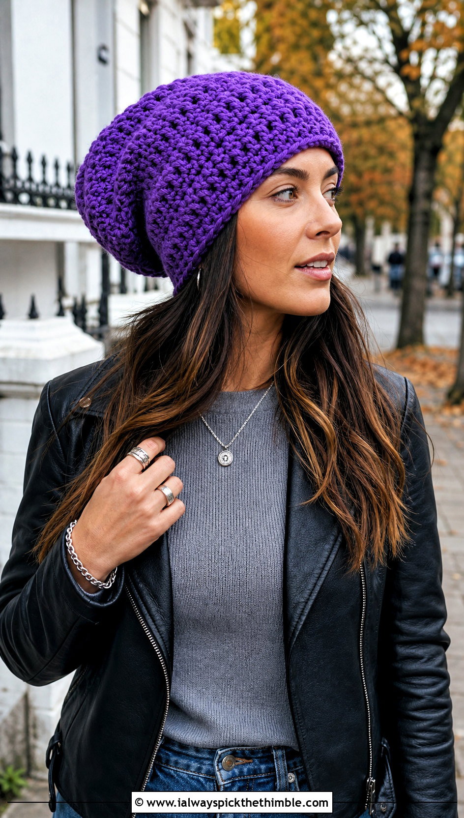 Crochet Slouchy Beanie With Leather Jacket And Straight Jeans - 15 Ladies Crochet Hat outfit ideas
