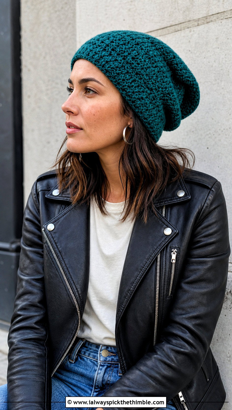 Crochet Slouchy Beanie With Leather Jacket and Straight Jeans - 25 crochet adult hats outfit ideas