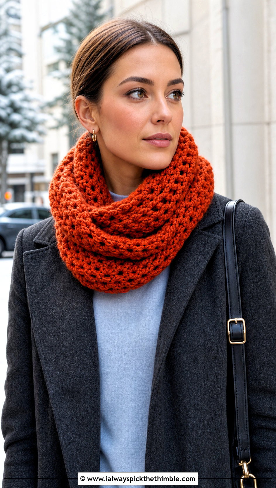 Crochet Snood Scarf With Monochrome Outfit - 20 boho crochet scarf outfit ideas