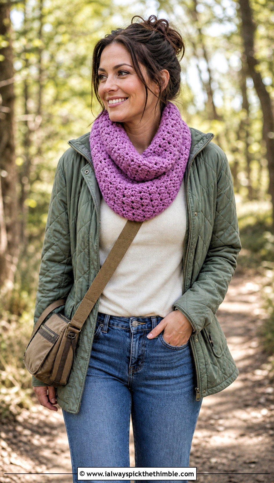Crochet Snood Scarf With Quilted Jacket And Jeans - 25 crochet scarf outfit ideas