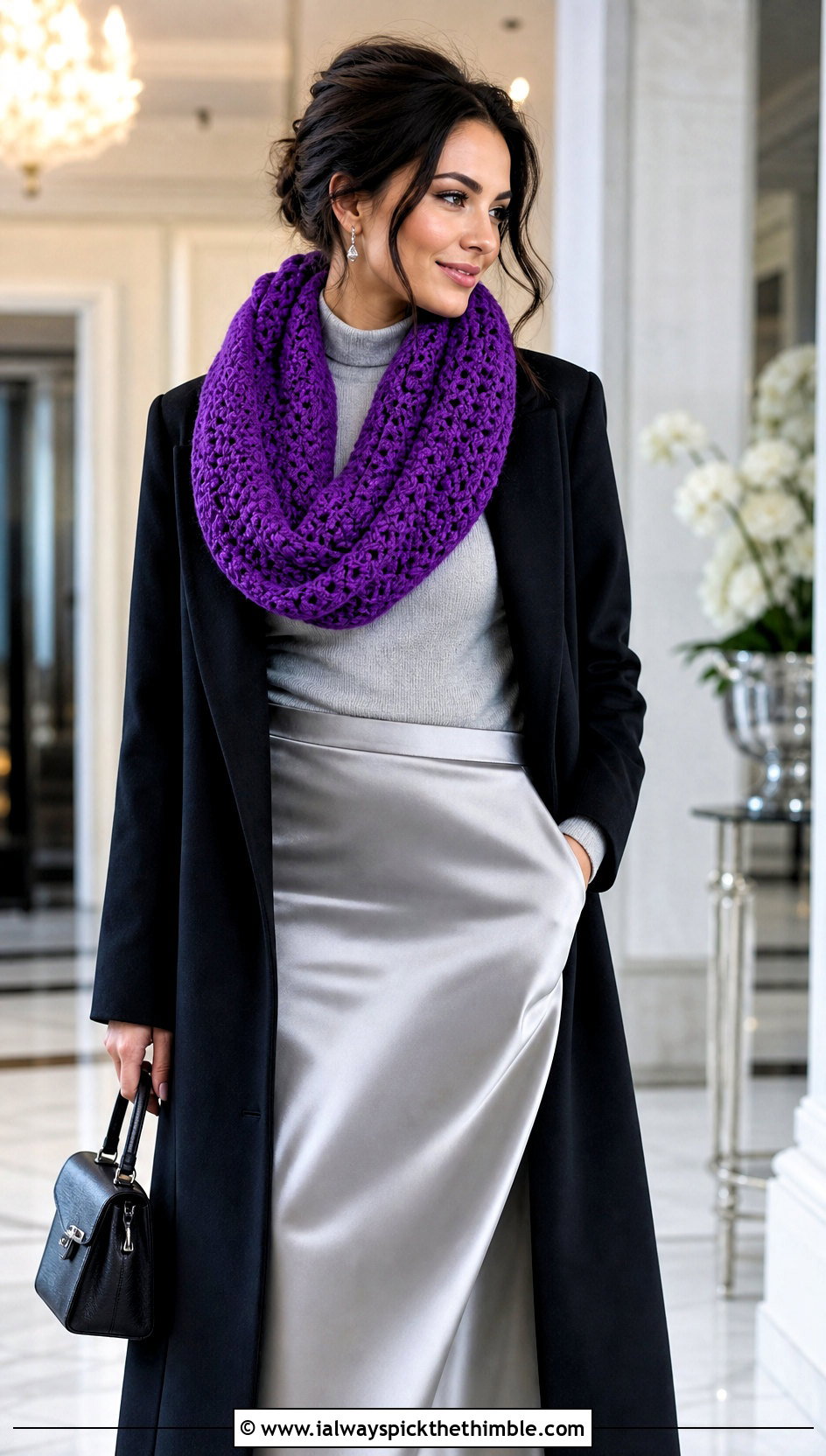 Crochet Snood Scarf With Satin Skirt - 25 quick crochet scarf outfit ideas