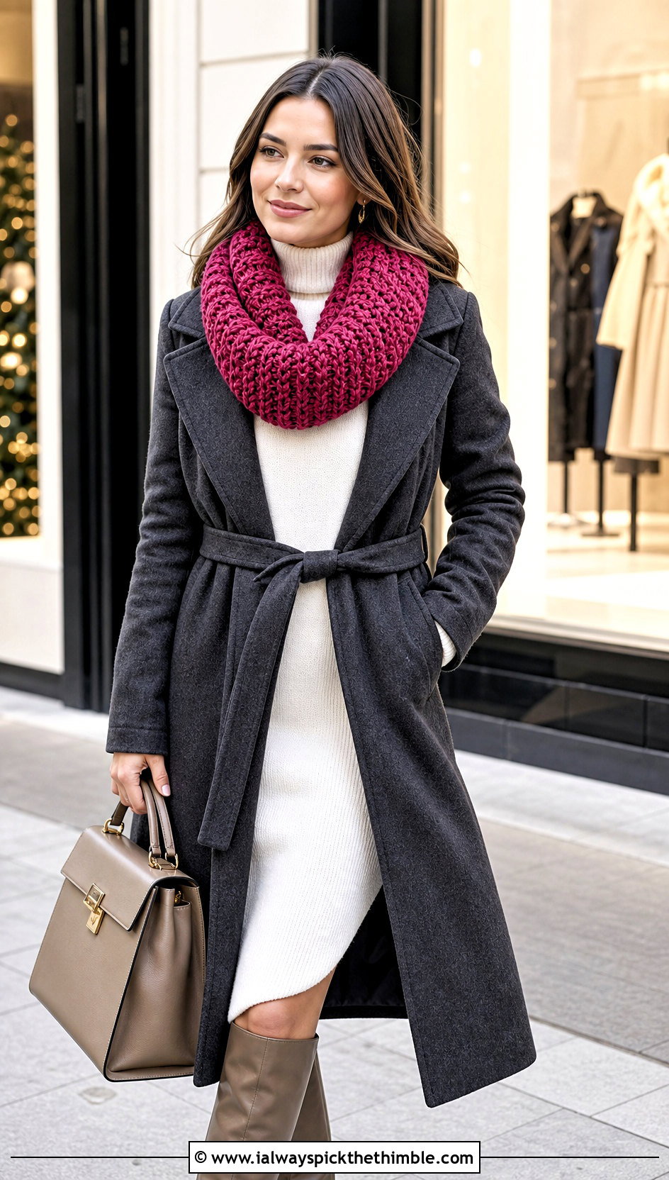 Crochet Snood Scarf With Wool Coat And Knee High Boots - 20 Quick And Easy Crochet Scarf outfit ideas