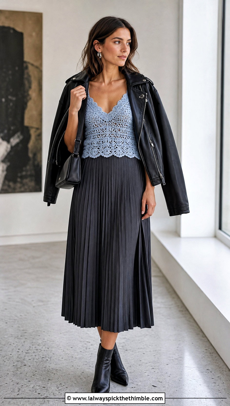 Crochet Sonja Cami With Pleated Skirt And Moto Jacket - 15 Crochet Sonja Cami outfit ideas