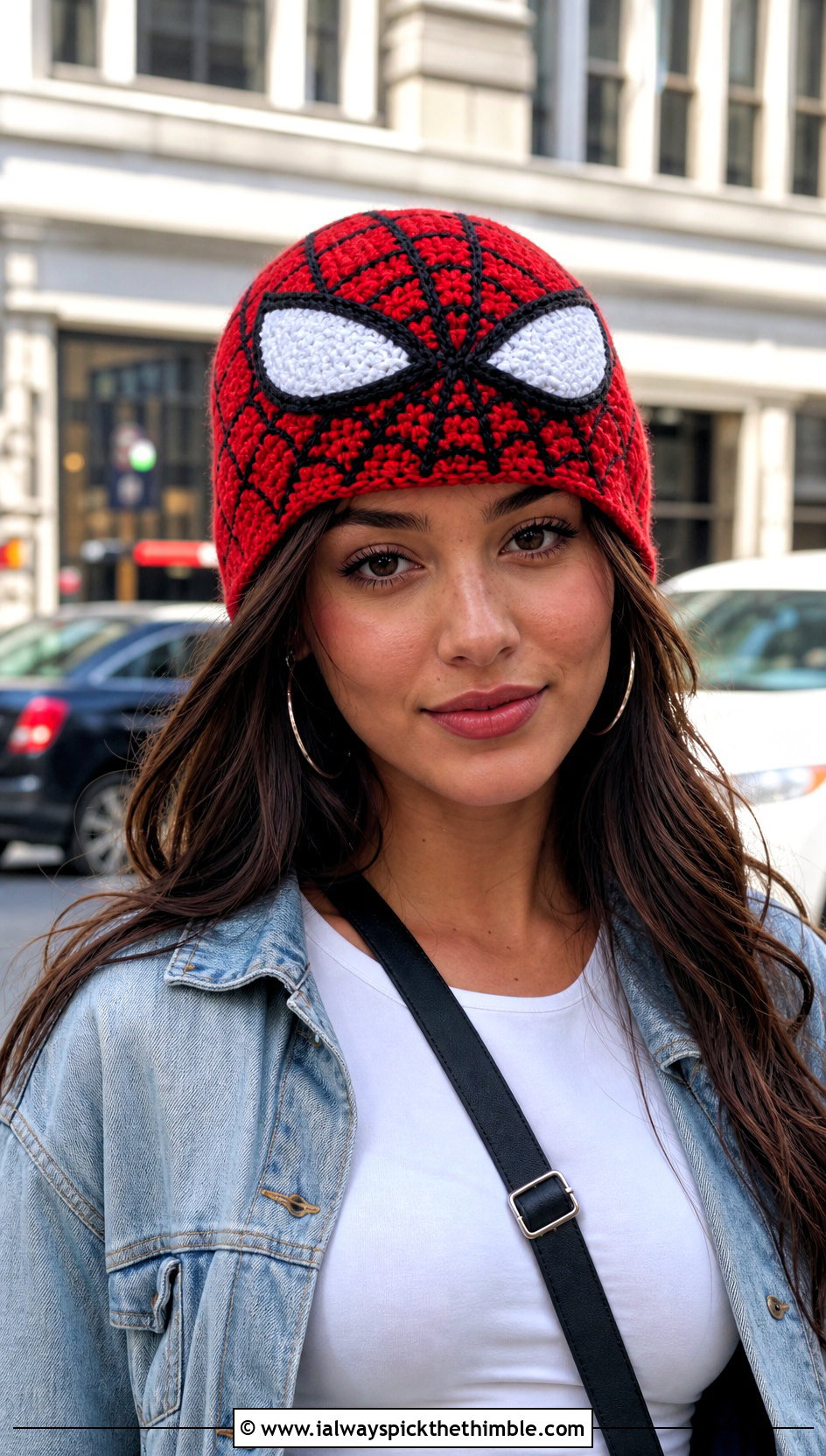 Crochet Spiderman Classic Web Beanie With Denim Jacket - 25 crochet spiderman hat outfit ideas
