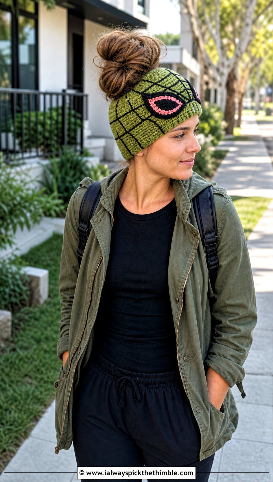 Crochet Spiderman Messy Bun Beanie With Utility Jacket - 25 crochet spiderman hat outfit ideas