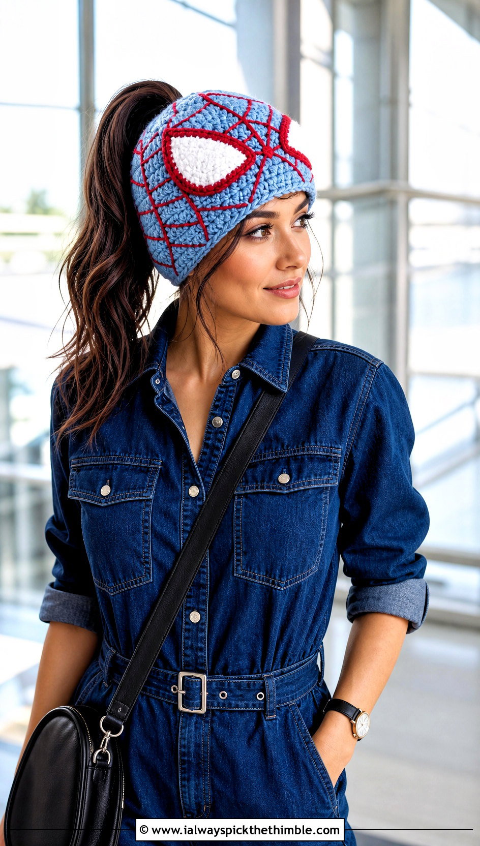 Crochet Spiderman Ponytail Beanie With Denim Jumpsuit - 25 crochet spiderman hat outfit ideas