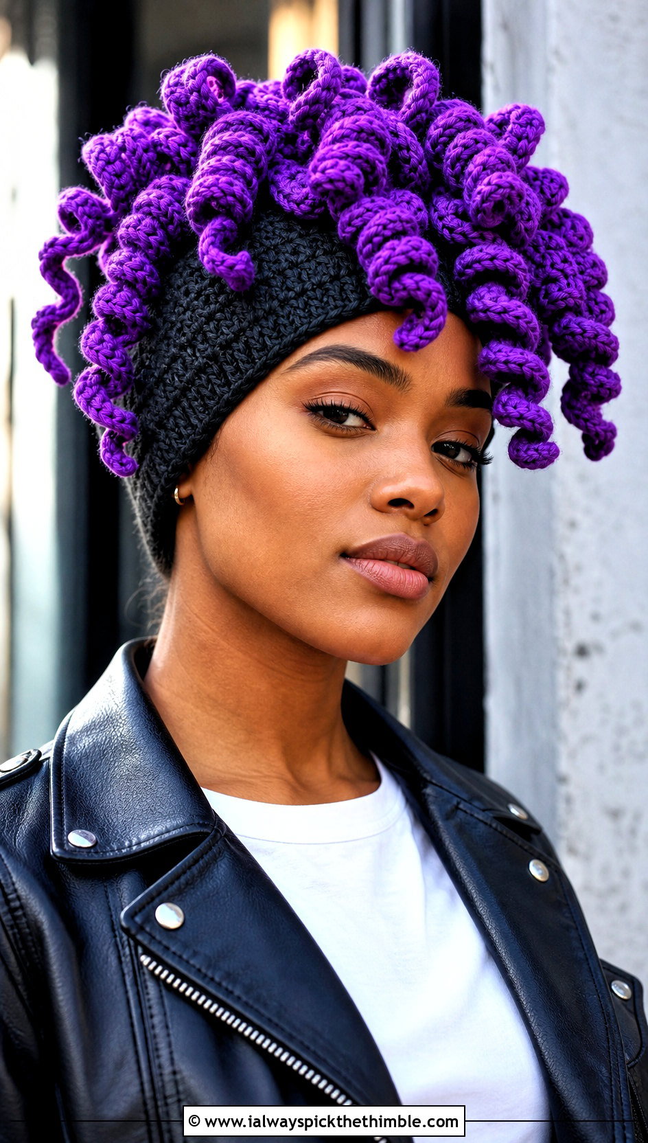 Crochet Spiral Curl Hat Topper With Leather Jacket - 20 Crochet Hat Toppers Ideas