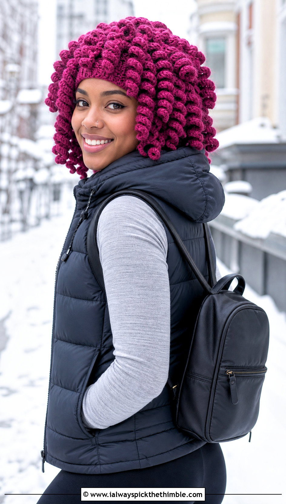 Crochet Spiral Curl Wig Hat With Puffer Vest And Leggings - 20 Crochet Wig Hat outfit ideas