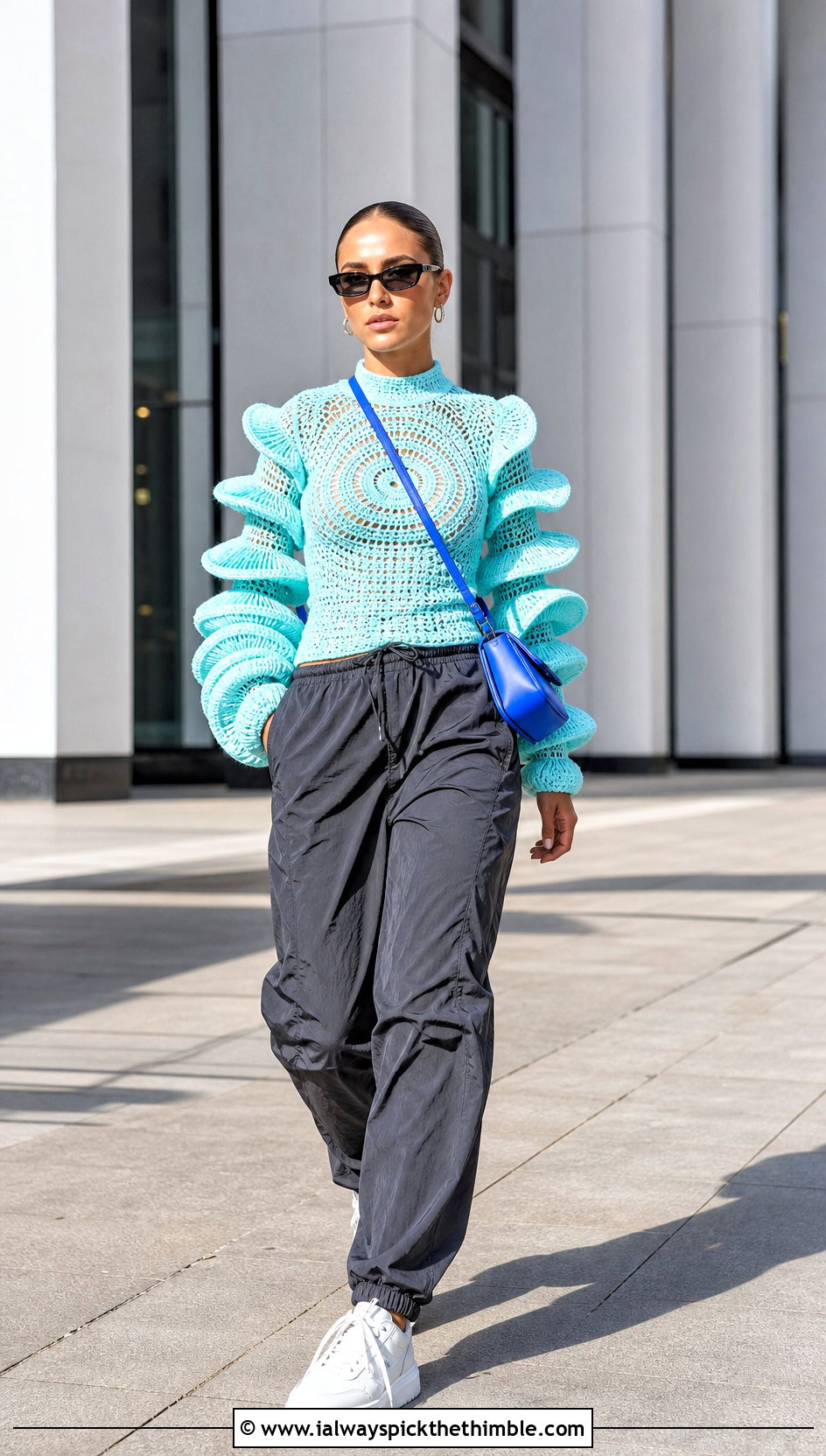 Crochet Spiral Ruffle Sleeve Top With Parachute Pants - 20 crochet ruffle sleeve top outfit ideas