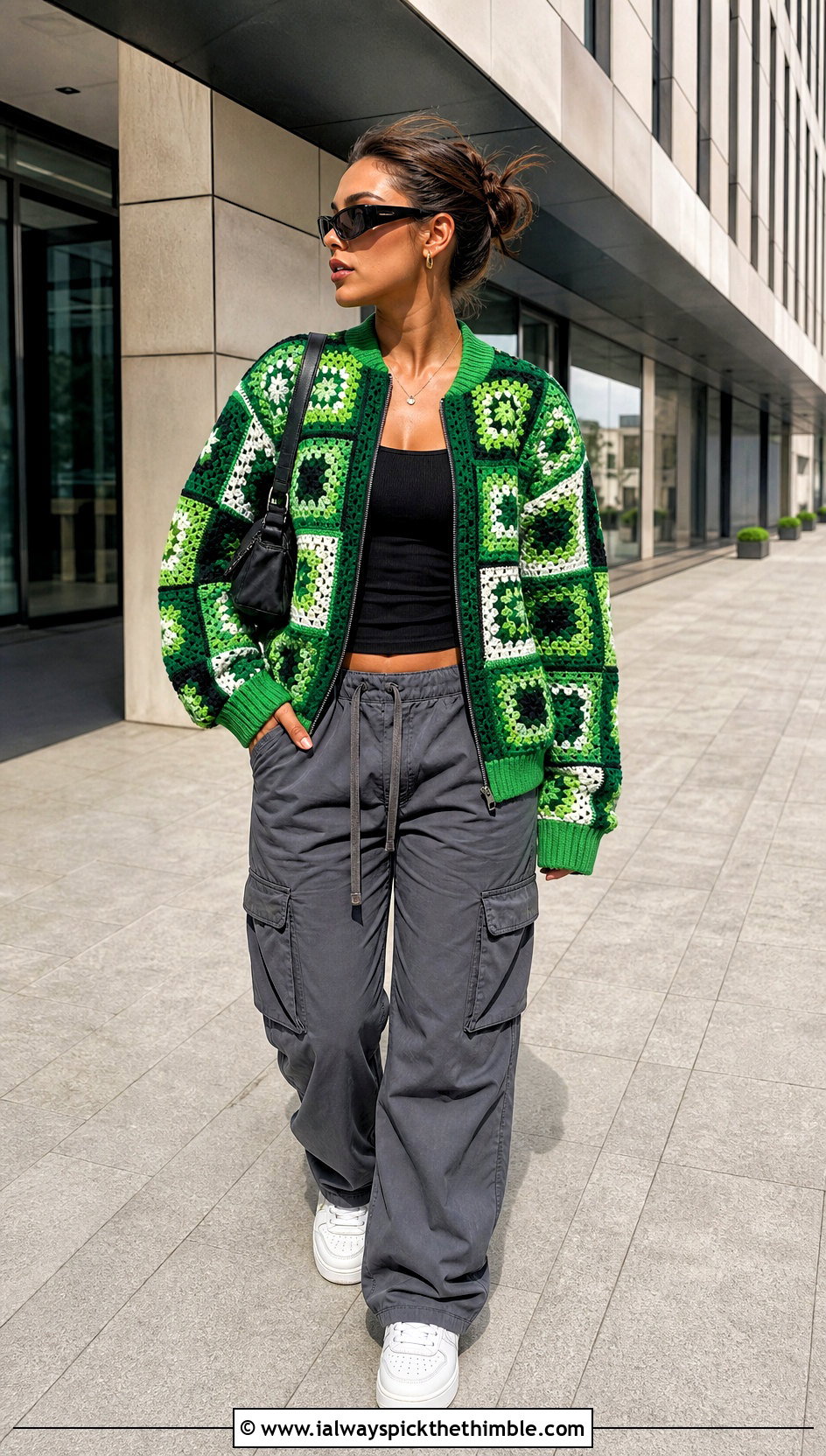 Crochet Square Bomber Jacket With Cargo Pants - 20 crochet square jacket outfit ideas