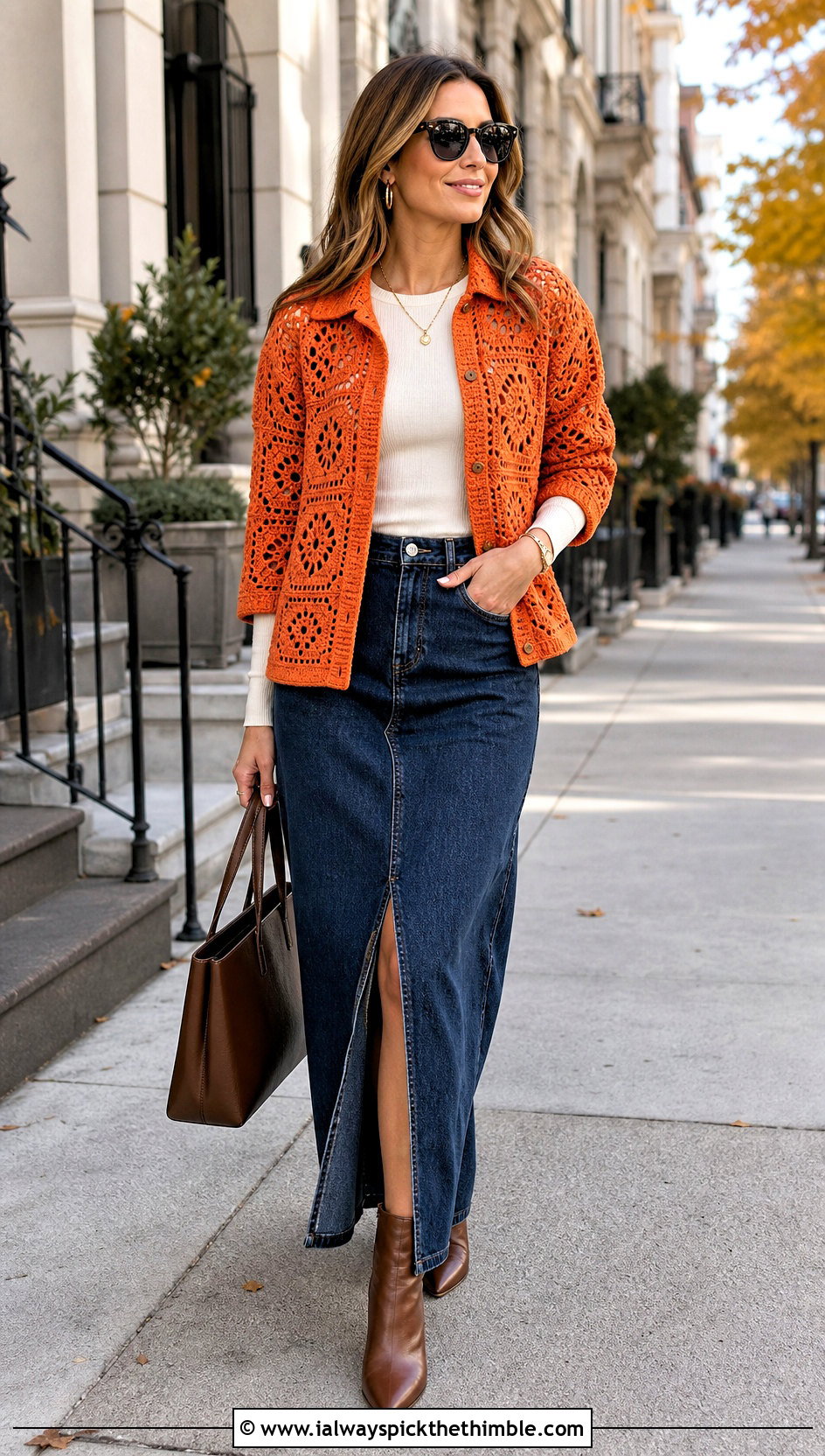 Crochet Square Shacket With Denim Maxi Skirt - 20 crochet square jacket outfit ideas