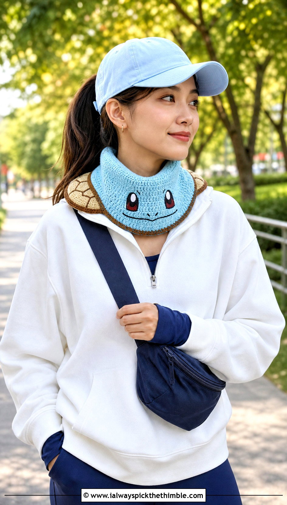Crochet Squirtle Keyhole Scarf With Sporty Outfit - 20 Crochet Pokemon Scarf outfit ideas