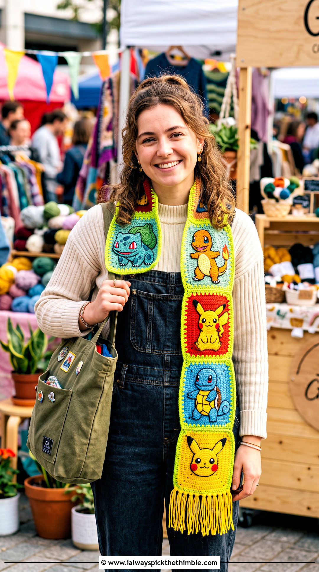 Crochet Starter Pokemon Patchwork Scarf With Overalls - 20 Crochet Pokemon Scarf outfit ideas