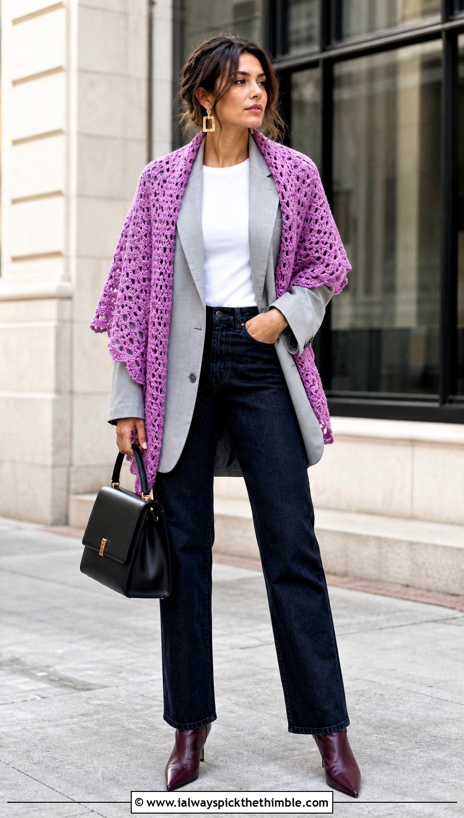 Crochet Stole Wrap With A Blazer And Jeans - 25 crochet wrap outfit ideas