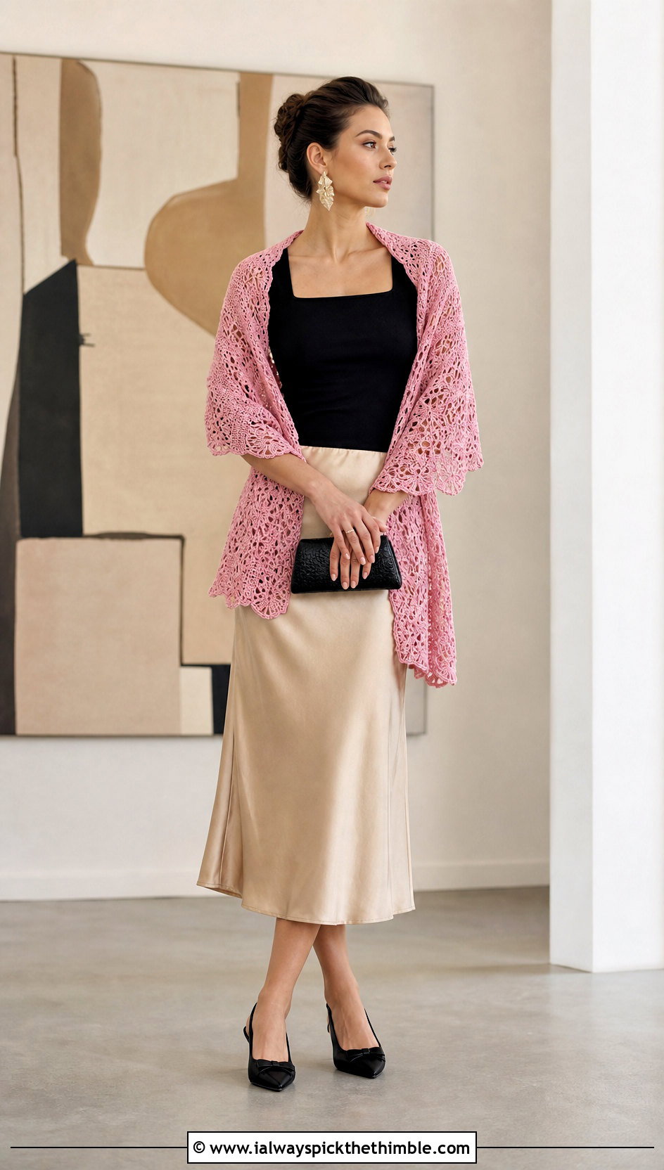 Crochet Stole Wrap With Satin Slip Skirt - 15 Beginner Crochet Wrap outfit ideas