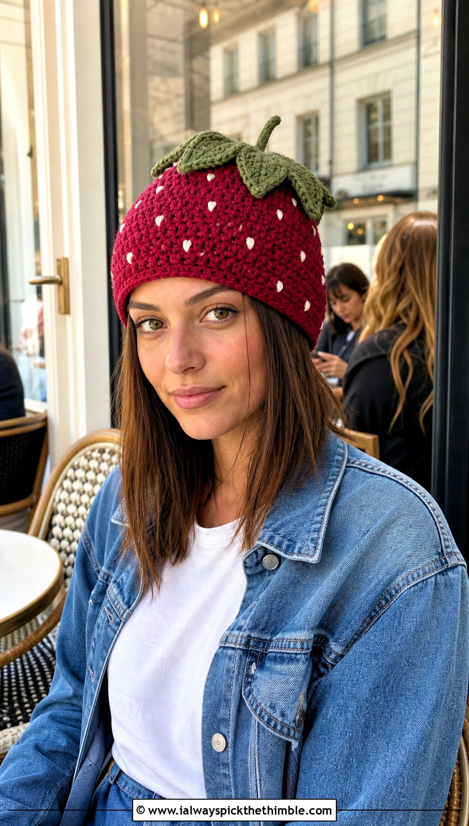 Crochet Strawberry Beanie With Straight Leg Jeans - 20 crochet strawberry hat outfit ideas