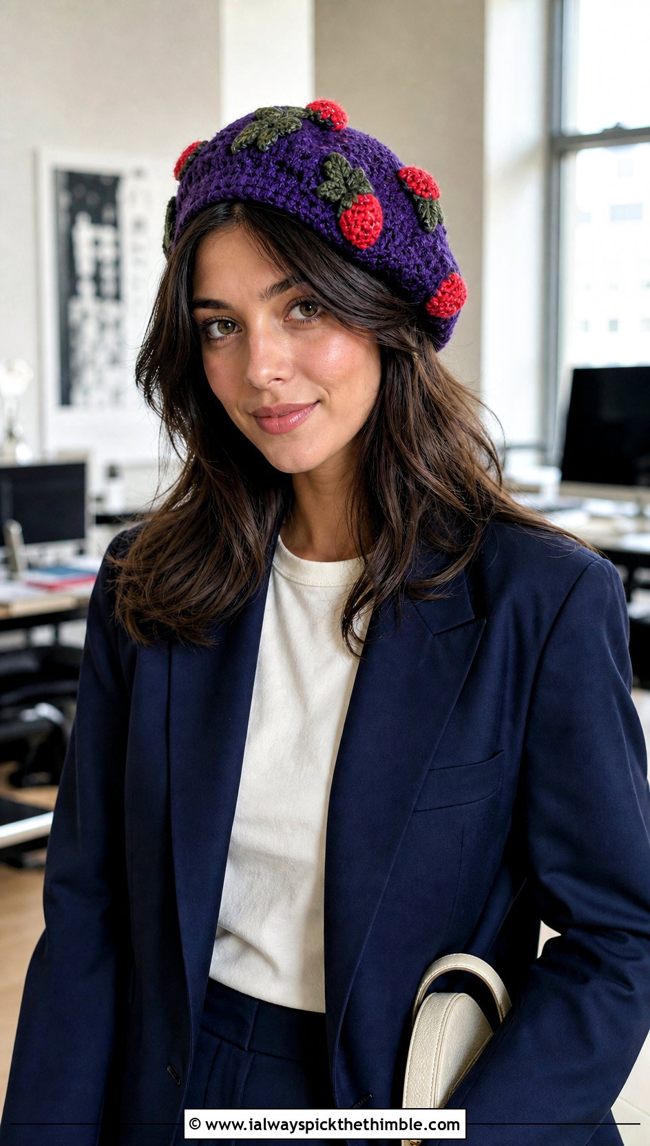 Crochet Strawberry Beret With Blazer And Trousers - 20 crochet strawberry hat outfit ideas