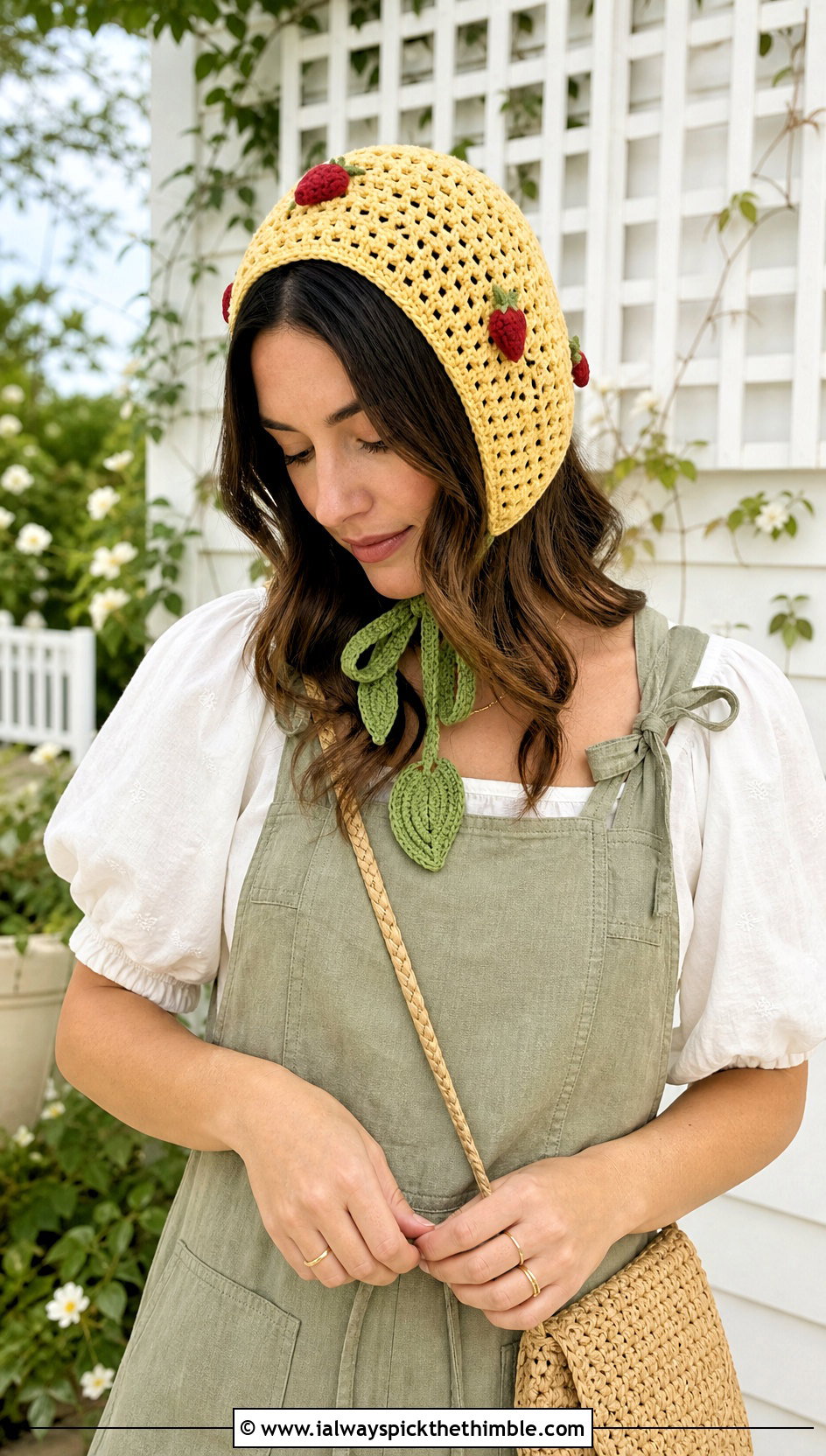 Crochet Strawberry Bonnet With Linen Overalls - 20 crochet strawberry hat outfit ideas