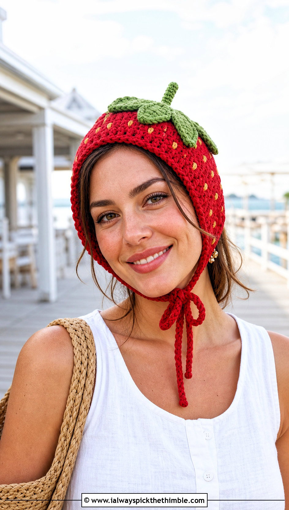 Crochet Strawberry Bonnet With Linen Vacation Outfit - 20 Crochet Silly Hats outfit ideas
