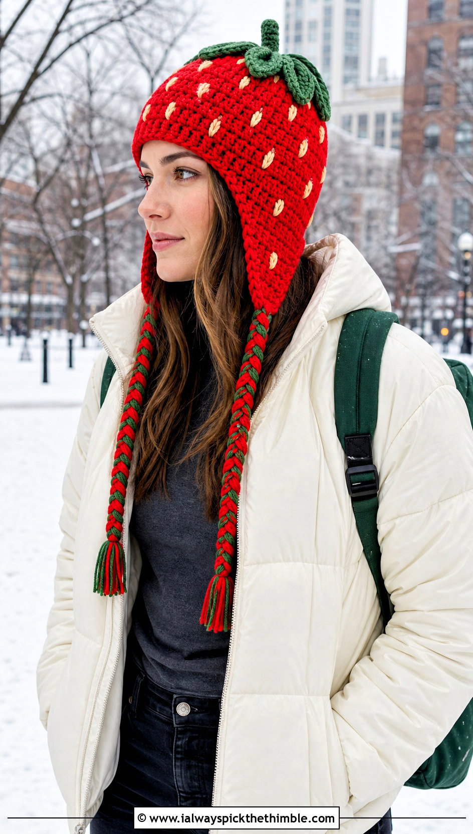 Crochet Strawberry Earflap Hat With Puffer Jacket - 20 crochet strawberry hat outfit ideas