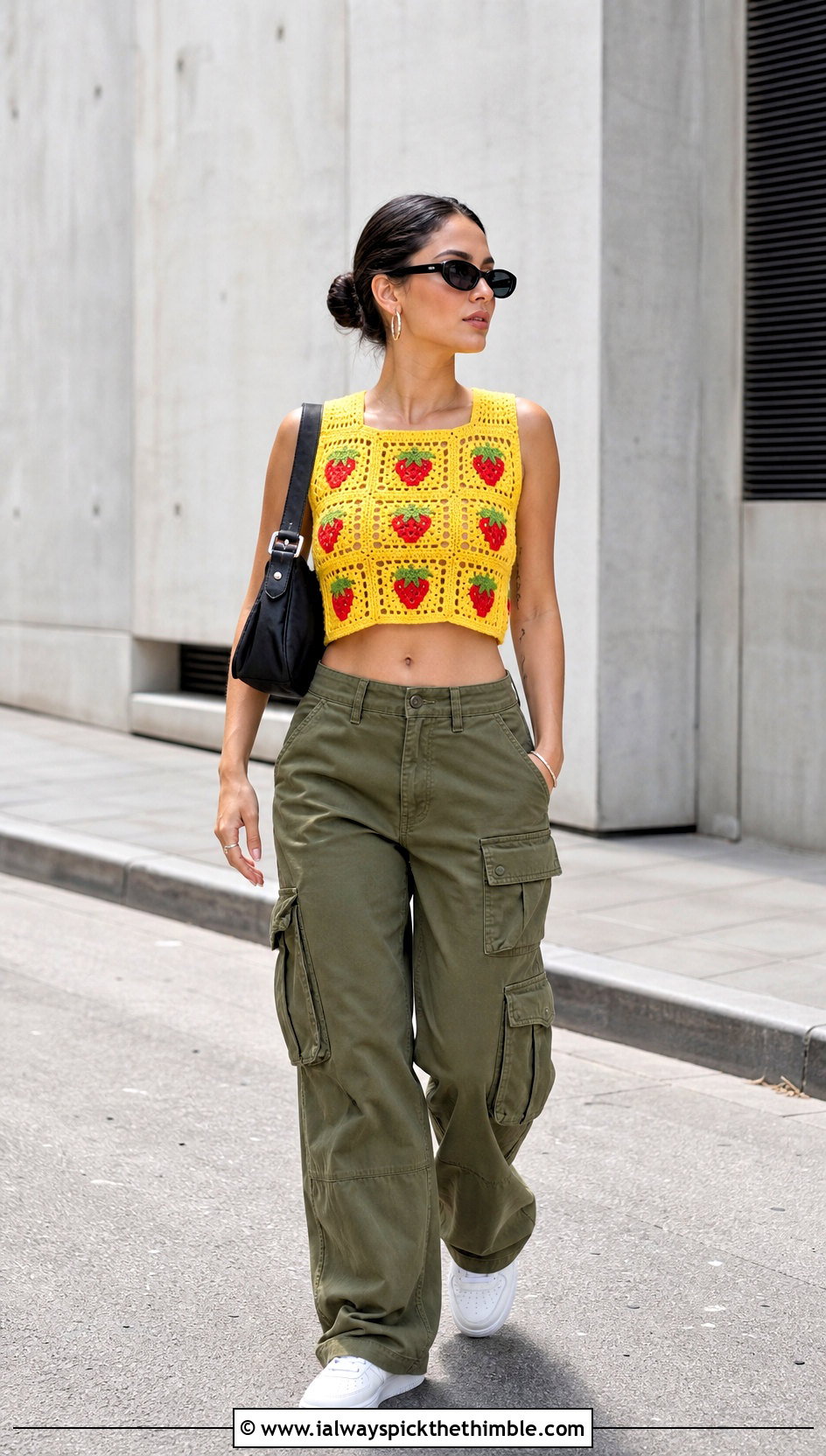 Crochet Strawberry Granny Square Top With Cargo Pants - 20 Crochet Strawberry Top outfit ideas