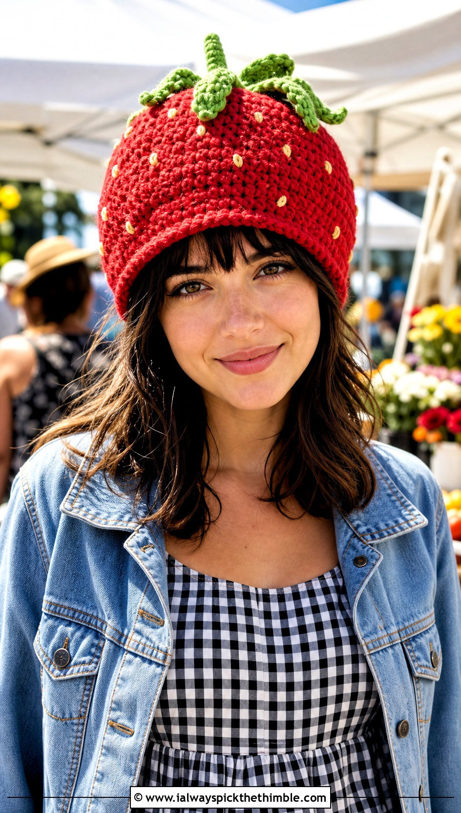Crochet Strawberry Hat With Gingham Dress - 25 crochet character hats outfit ideas