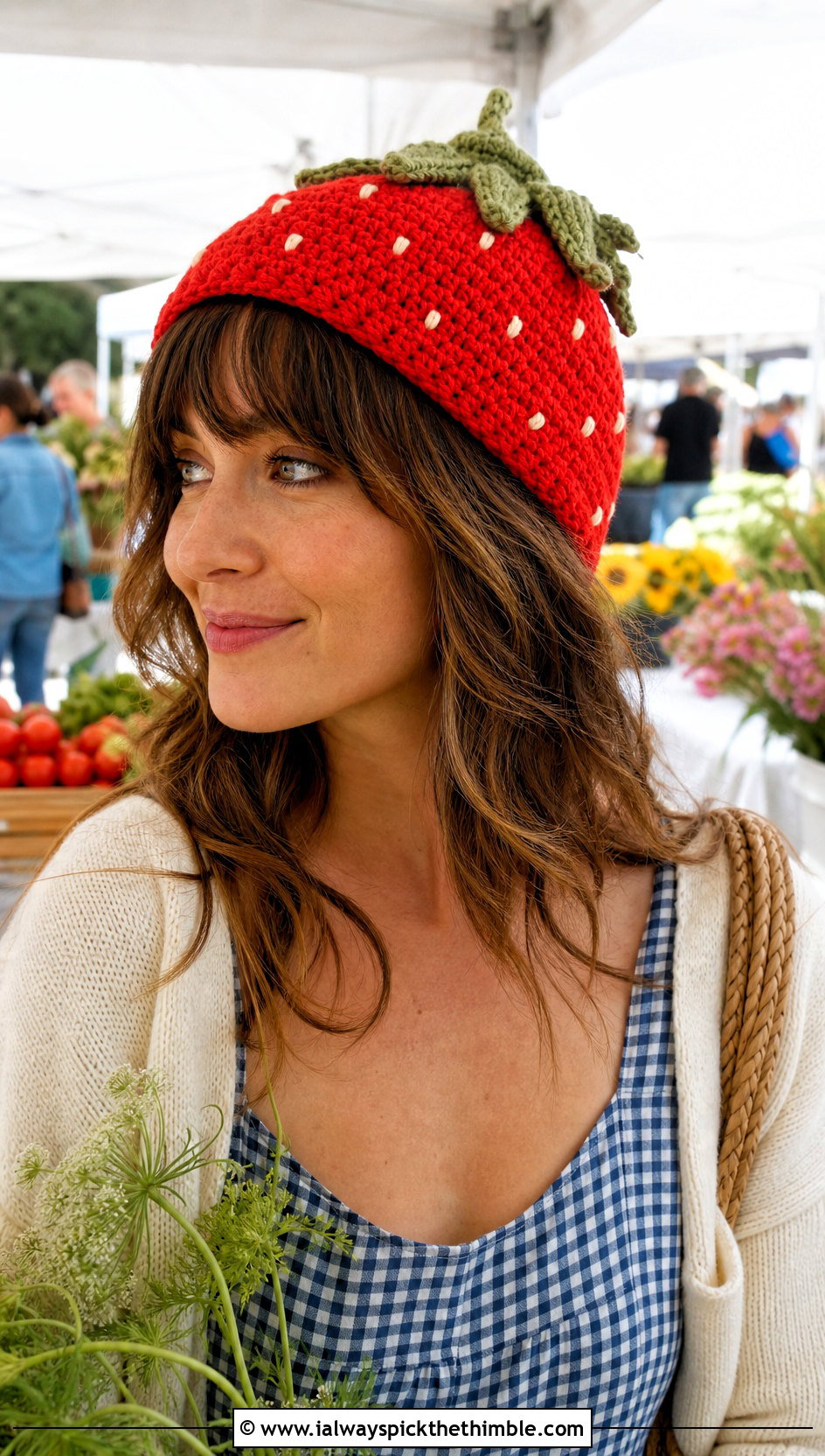 Crochet Strawberry Hat With Gingham Dress - 20 Crochet Character Hat outfit ideas