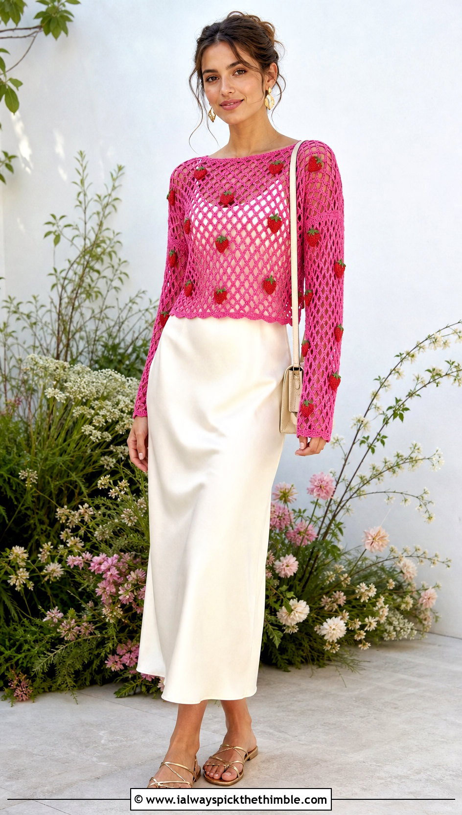 Crochet Strawberry Mesh Top Over A Slip Dress - 20 Crochet Strawberry Top outfit ideas