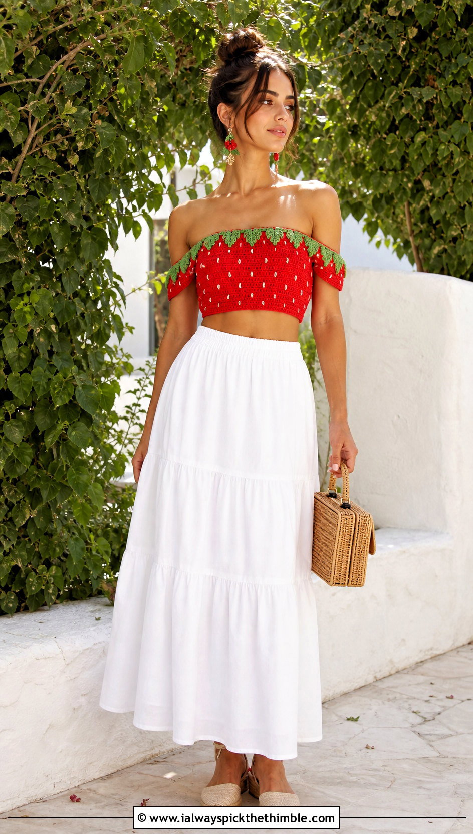 Crochet Strawberry Off Shoulder Top With Maxi Skirt - 20 Crochet Strawberry Top outfit ideas