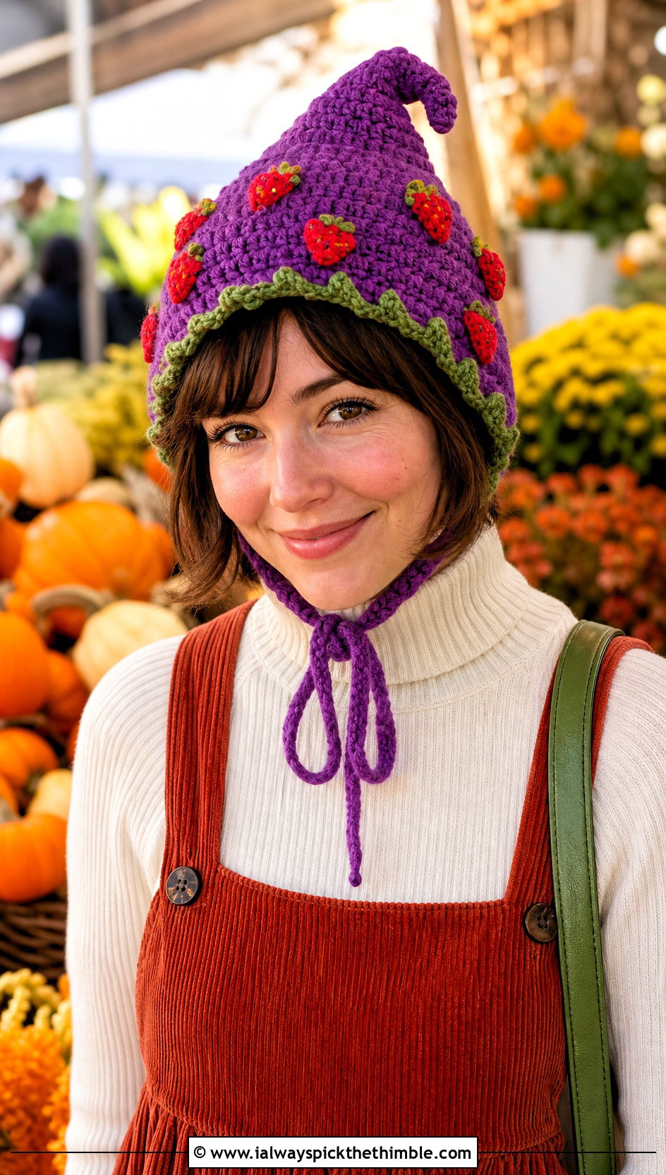 Crochet Strawberry Pixie Hat With Corduroy Dress - 20 crochet strawberry hat outfit ideas
