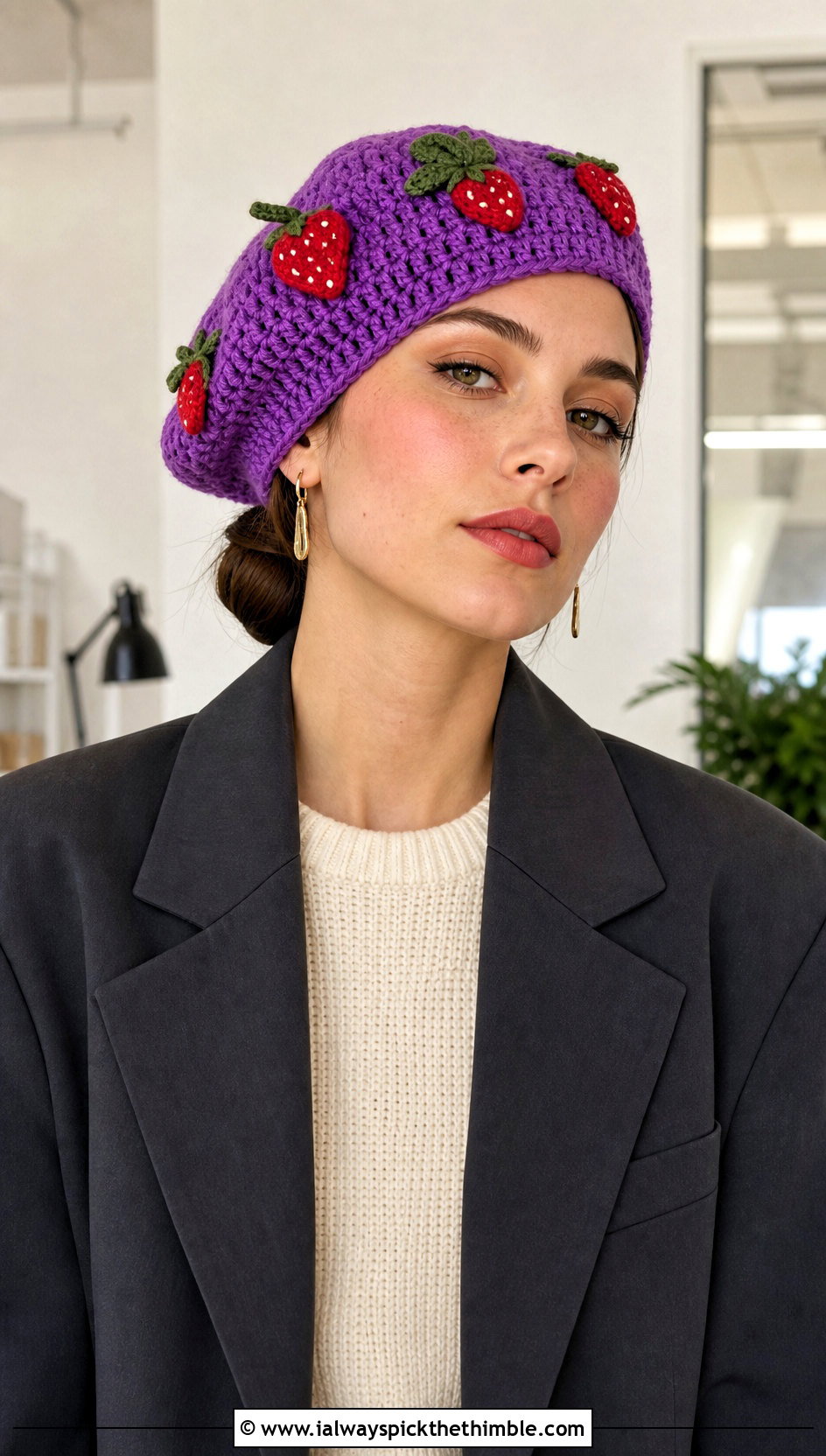 Crochet Strawberry Shortcake Beret With Blazer - 20 crochet strawberry shortcake hat outfit ideas