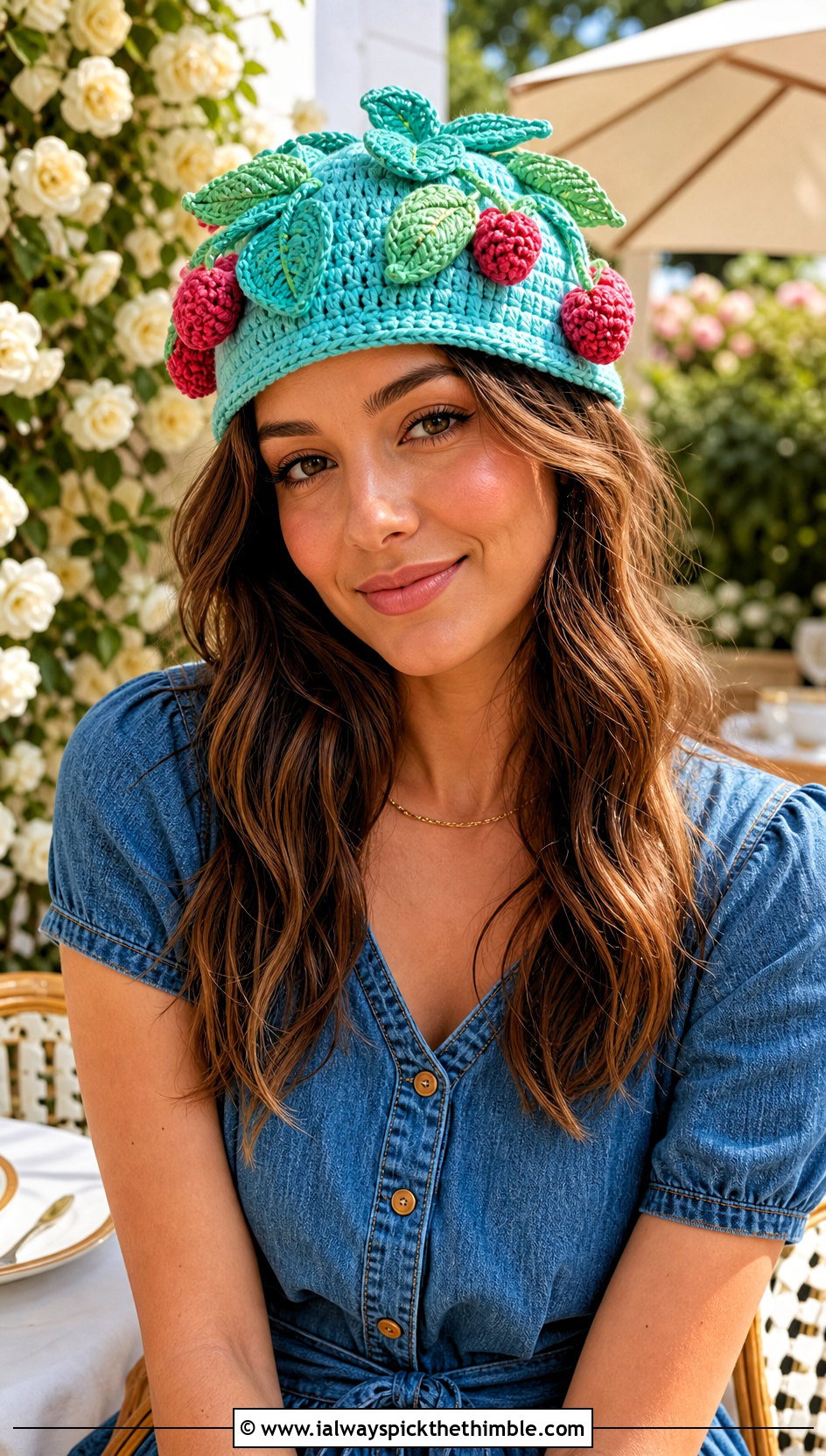 Crochet Strawberry Shortcake Leaf Crown Hat With Denim Dress - 20 crochet strawberry shortcake hat outfit ideas