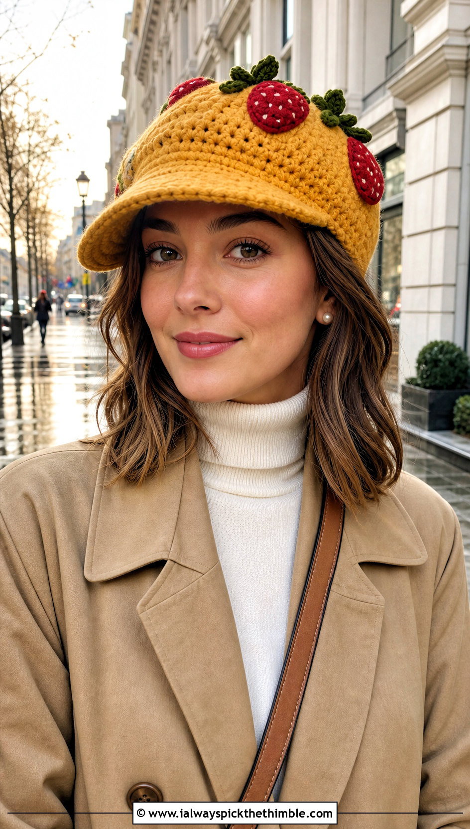 Crochet Strawberry Shortcake Newsboy Hat With Trench Coat - 20 crochet strawberry shortcake hat outfit ideas