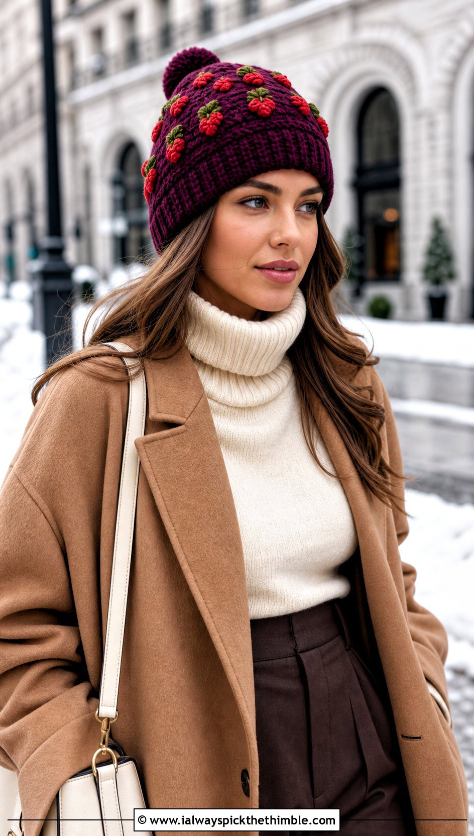 Crochet Strawberry Stitch Beanie With Wool Coat - 20 crochet strawberry hat outfit ideas