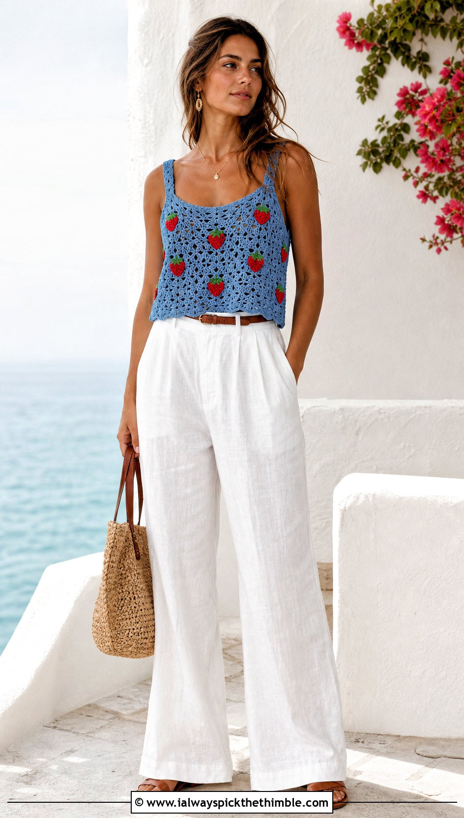 Crochet Strawberry Tank Top With Linen Trousers - 20 Crochet Strawberry Top outfit ideas