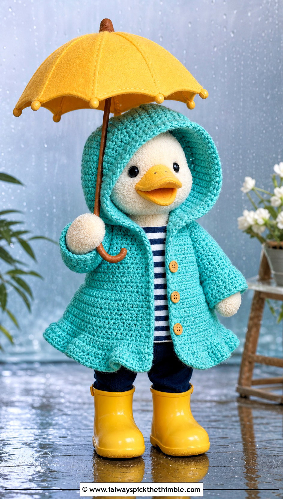 Crochet Stuffie Hooded Raincoat With Rubber Boots - 20 Crochet Stuffie Clothes and outfit ideas