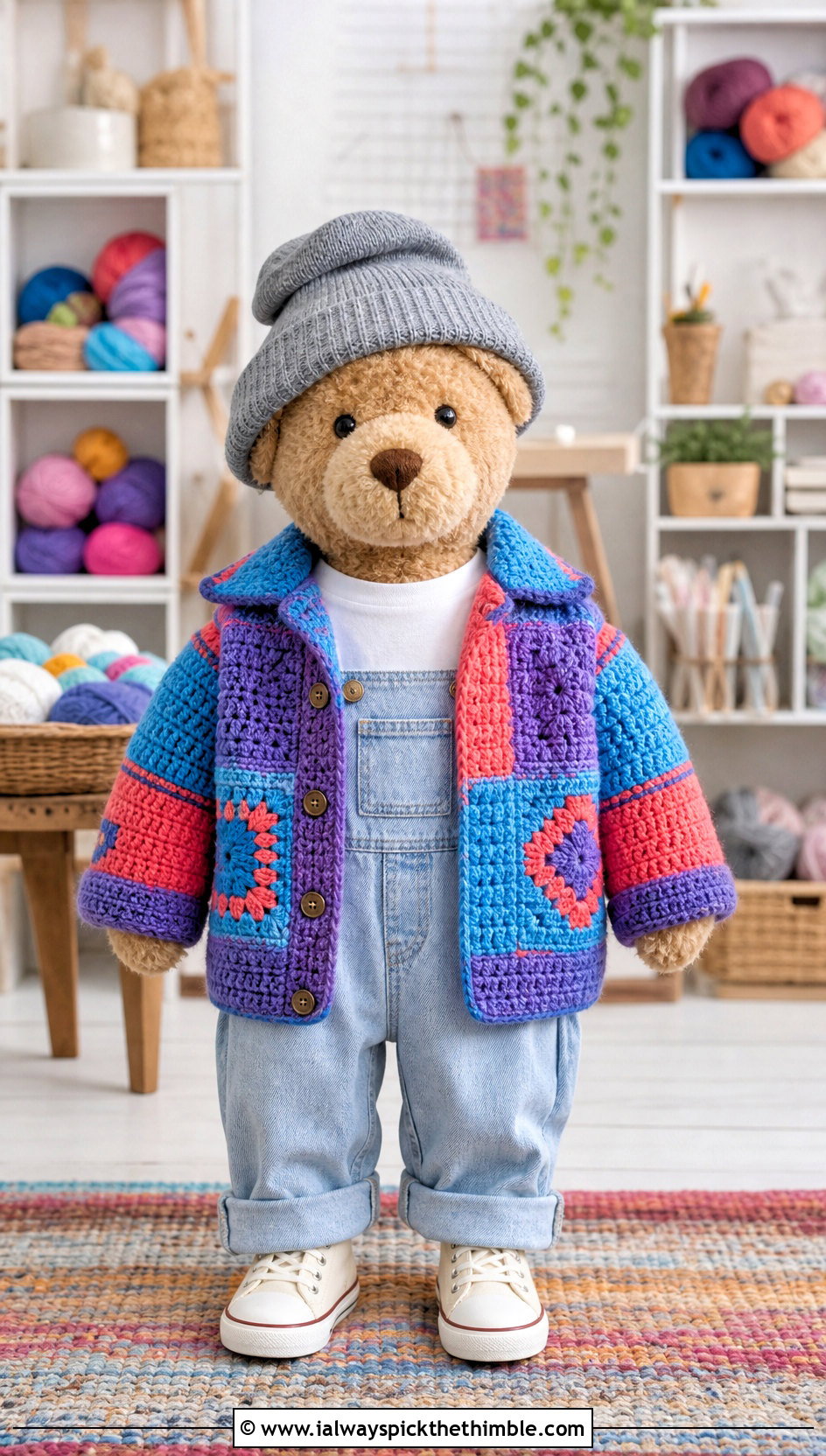 Crochet Stuffie Patchwork Jacket With Denim Overalls - 20 Crochet Stuffie Clothes and outfit ideas