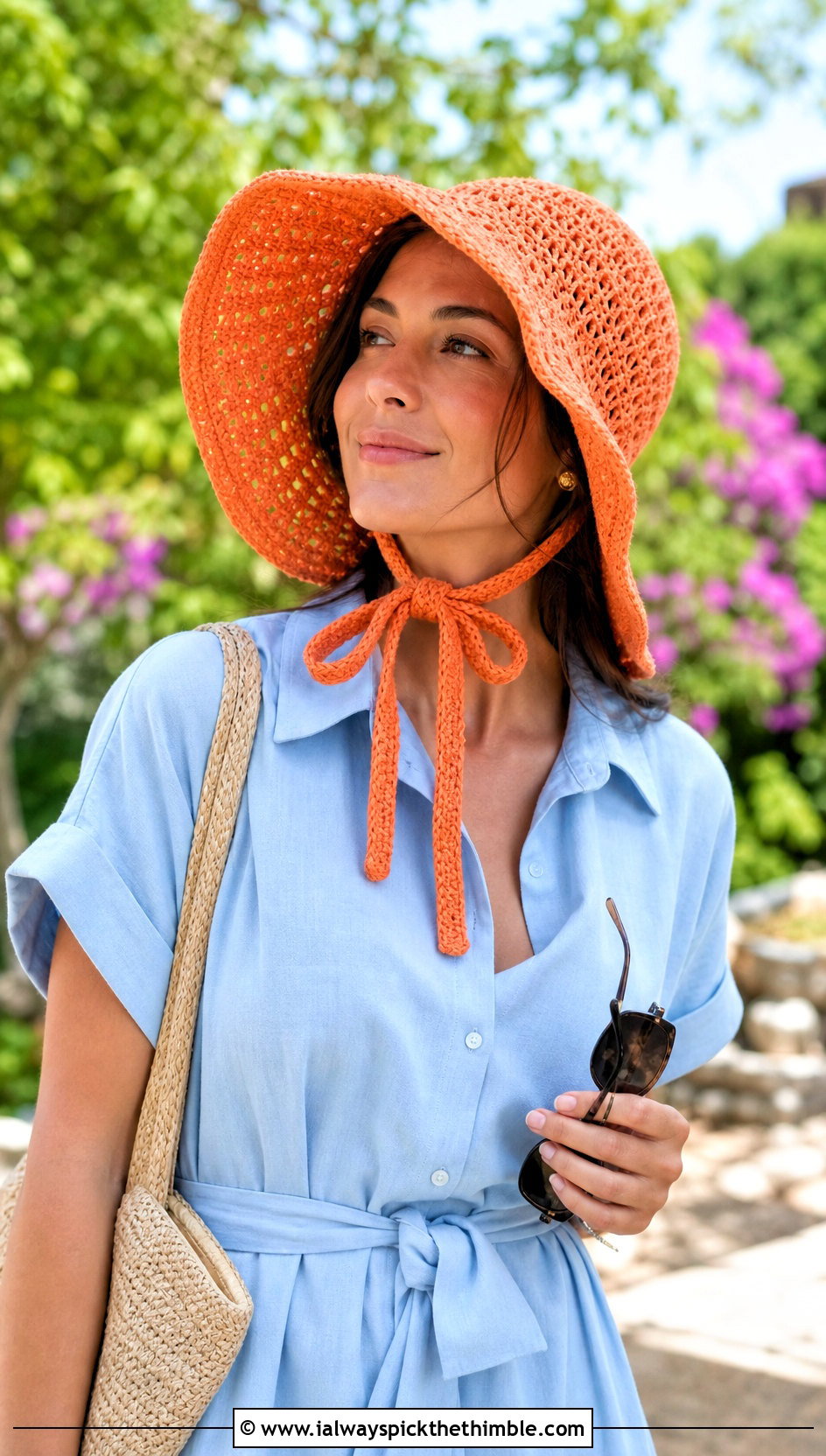 Crochet Sun Bonnet With Shirt Dress - 20 Crochet Bow Hat outfit ideas