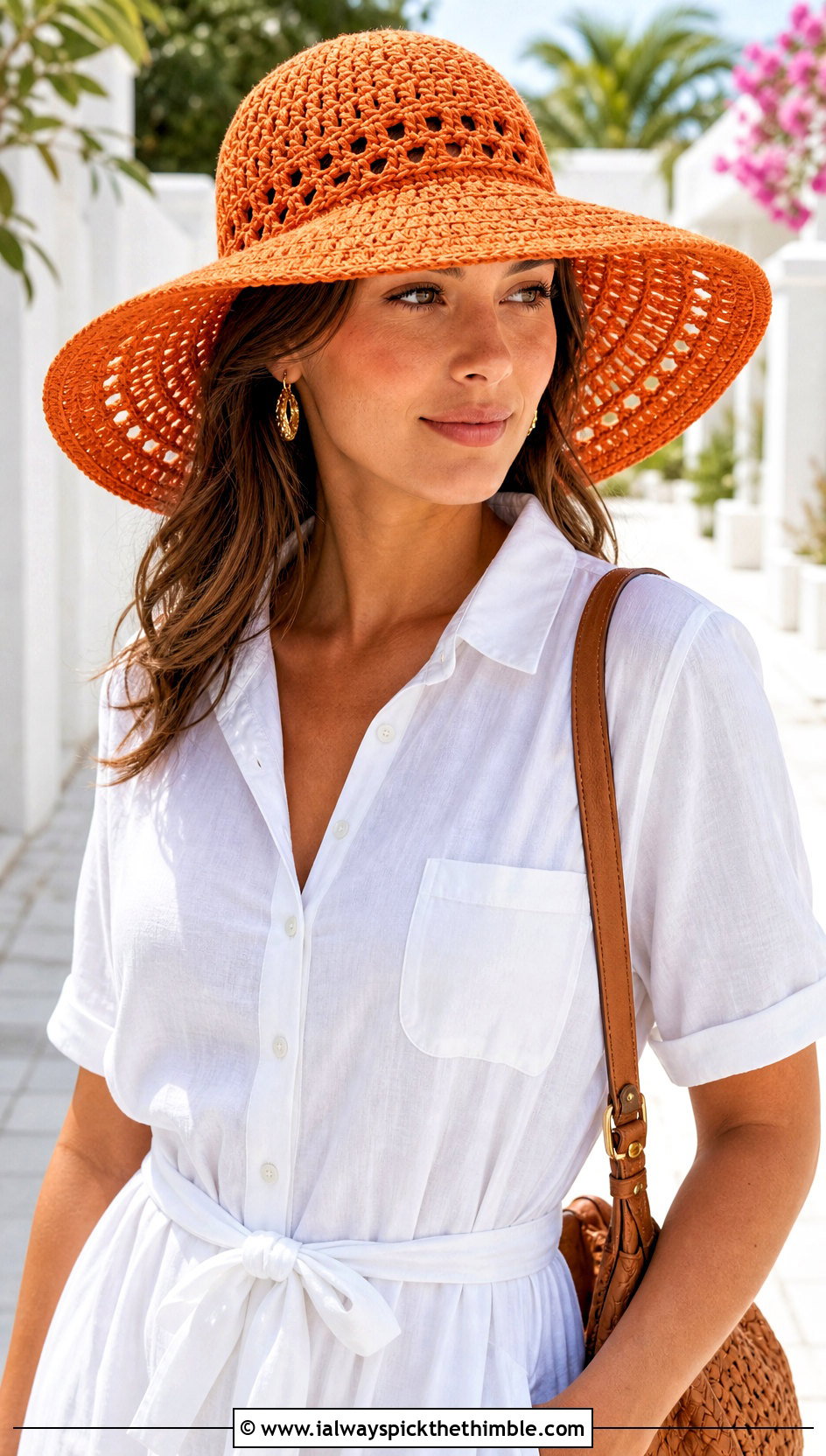 Crochet Sun Hat With Shirt Dress And Sandals - 20 Easy Crochet Hats For Beginners outfit ideas