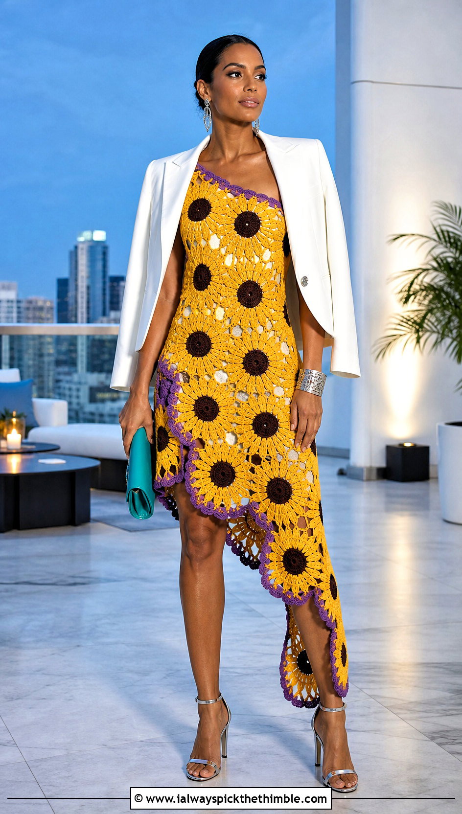 Crochet Sunflower Asymmetrical Dress With Metallic Heels - 25 crochet sunflower dress outfit ideas
