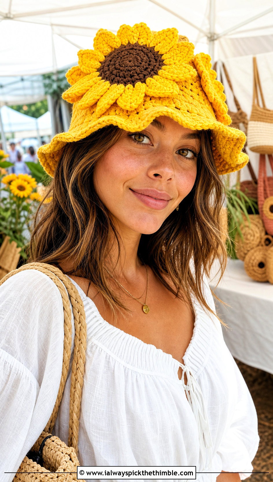 Crochet Sunflower Bucket Hat With Boho Outfit - 25 crochet character hats outfit ideas