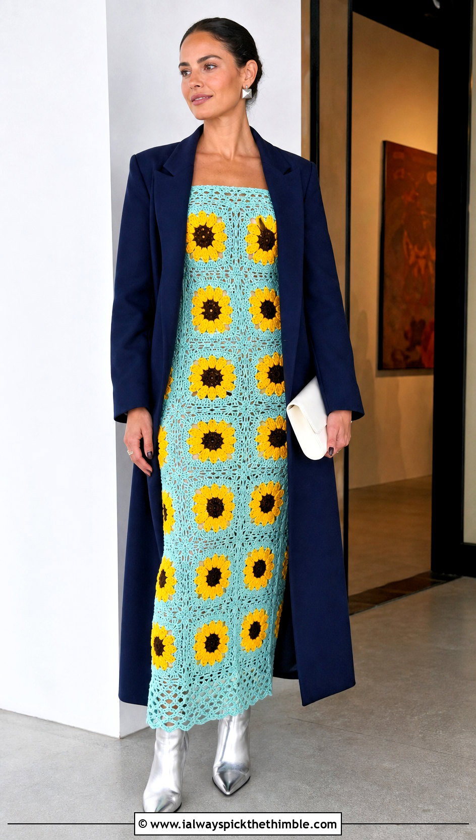 Crochet Sunflower Column Dress With Tailored Coat - 25 crochet sunflower dress outfit ideas