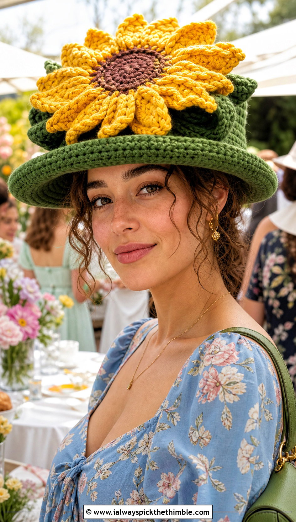 Crochet Sunflower Hat With Floral Midi Dress - 20 Crochet Silly Hats outfit ideas